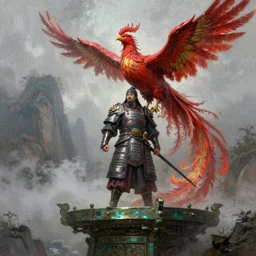 a general in Dark steel armour from Ming dynasty, China meet a scarlet red Phoenix on a high bronze platform draw by Art station artist Anato Finnstark, flourishing oil painting texture, rainy and foggy atmosphere , Bottom view