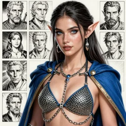 alluring highly detailed matte close-up portrait of beautiful elf Shani (from Witcher 3) wearing chesty chainmail bikini and a blue cloak, very detailed, realistic, manga, pen and ink, by Stanley Artgerm Lau, greg rutkowski, thomas kindkade, alphonse mucha, loish, norman rockwell J., beautiful juicy brush strokes