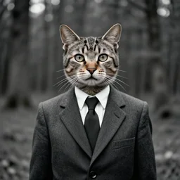 photographic portrait, max ernst cat in a suit, a forest in the background