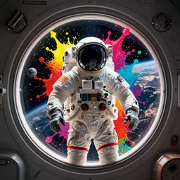 astronaut in front of large circle window with space outside by josan gonzalez splash art graphic design color splash high contrasting art, fantasy, highly detailed, art by greg rutkowski