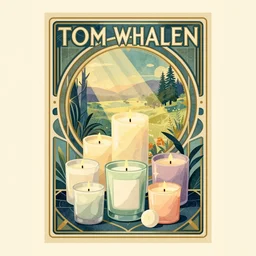 retro poster with a set of beautiful scented candles, an art deco painting by tom whalen, trending on behance, art deco, digital illustration, storybook illustration, art deco, flat shading, vector art, airbrush, pastel, watercolor