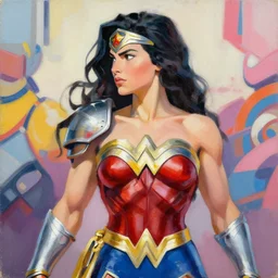 greg manchess portrait painting of armored wonderwoman as overwatch character, medium shot, asymmetrical, profile picture, organic painting, sunny day, matte painting, bold shapes, hard edges, street art, trending on artstation, by huang guangjian and gil elvgren and sachin teng