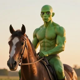 a strange being riding a horse, they have green skin and no nose, they're bald, big eyes, very muscular, portrait photography, golden hour,