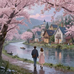 a couple going for a walk in the rain, a magical vintage village on the river | cherry - blossoms | highly detailed | very intricate | serene romantic fantasy whimsical magical | professional cinematic lighting | bokeh | dusk | studio ghibli | award - winning | matte painting by anton fadeev and paul lehr and rhads and alena aenami and tyler edlin | pastel color palette | featured on artstation