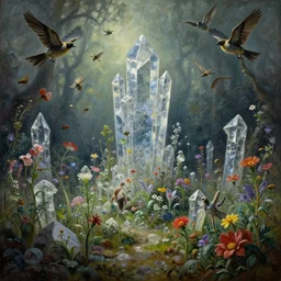 'Life from death' A horrifying aesthetic horror landscape painting depicting 'A crystalline graveyard with plants and flowers growing all over it, birds and insects flying all around it' by Rembrandt, Trending on cgsociety artstation, 8k, masterpiece, cinematic lighting, highly detailed, vibrant colors.