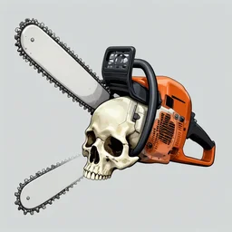 A chainsaw with the blade emerging from a metal skull. comic illustration