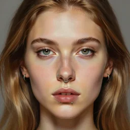 photorealistic painting of a female tattooed face with piercings, realistic eyes, symmetric face, beautiful bone structure, dark blonde long hair, painting by gaston bussiere