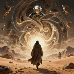 a cyborg dressed in a large cloak walking through a dangerous desert, mountains, guardians, small objects floating around, multidimensional enviroment epic, close up, in the center, centered, intrincate by moebius, jean giraud & kilian eng moebius style