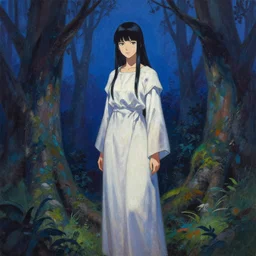 the lone priestess of the bluewood valley. this gouache painting by the award - winning mangaka has interesting color contrasts and impeccable lighting.