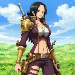 nico robin from one piece with steampunk weapons and uniform, serious, finely detailed, made by wlop, full body portrait, illustration, grass, sunny, sky, anime, side view, perfect anime face, detailed face, zoomed out, smooth,