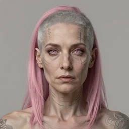 middle aged woman ; muted pink shoulder length shaved side ; grey skin ; muted pink eyes ; face tattoos lines ; alchemist ; portrait ; drawn by miura ; trending on artstation ; cinematic ; high detail ; digital art