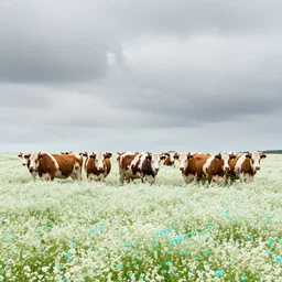 a herd of cows in a field of white and cyan flowers, the sky is gray and with clouds by kawase hasui, moebius, edward hopper and james gilleard, zdzislaw beksinski, steven outram colorful flat surreal design, hd, 8 k, artstation