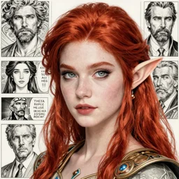 alluring highly detailed close-up portrait of beautiful elf Shani with red hair wearing a fantasy outfit, very detailed, realistic, manga, pen and ink, by Stanley Artgerm Lau, greg rutkowski, thomas kindkade, alphonse mucha, loish, norman rockwell J.