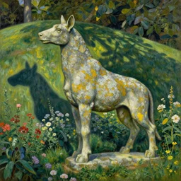 animal statue colossus textured in color lichen stands in flower garden on hills by henri rousseau masterpiece shadows and highlights mucha beksinski