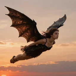 Girl with bat wings flies in a sunset flushed sky