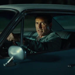 Film still of Ted Cruz in a 1960's car late at night, barely visible, horror, eerie