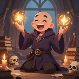 fantasy closeup character illustration of an happy excited bald mage performing magic and kneeling in a wizard room with books skulls candles all around him, a black window behind him, trending on artstation, digital art ( by jesper ejsing ) ( by clint cearley ) ( by raluca marinescu )