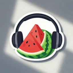 svg sticker, centered, round-cropped, white-space-surrounding, Watermelon listening to headphones, flat colors, vector art