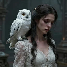 cinestill 5 0 d panorama of a woman with a white owl on her shoulder by roversi, pain, sad, intricate, elegant, sharp focus, artstation, dress in lace in a dystopian environment, pale dark matte, sharp focus, illustration, octane render, unreal engine, art by roberto ferri greg rutkowski, epic fantasy, digital photo art