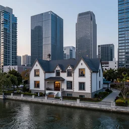 tudor style detached house surrounded by skyscrapers, a river flowing through the scene, architecture photography, landscape photography, dusk
