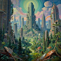 jenny saville siconolfini concept art, sharp focus, 8 k, psychedelic trippy gorgeous beautiful forest cityscape dystopian futurism huge buildings, apocalyptically destruction shambles rubble hyperrealism photo - realistic lifelike hyperdetailed