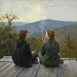 a young man and woman smoking cigarettes a cabin roof, looking over west virginia wilderness, oil on canvas painting by william sydney mount