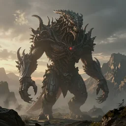 a photorealistic hyperrealistic render of a giant monstrous lovecraftian creature, by greg rutkowski, wlop, artgerm, d & d creature, epic fantasy dramatic moody dawn lighting, long shadows, mountain landscape, volumetric, cinematic atmosphere, octane render, artstation, 8 k
