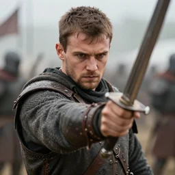 close up of a medieval commander in his mid twenties with short brown hair, sword drawn, battlefield