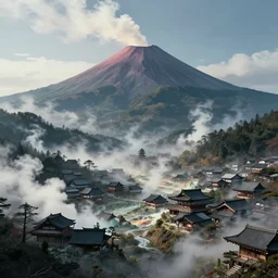 a powerful japanese village high in mountains, volcano, mystical power steam, concept art, fantastic landscape, 8 k, cinematic color grading
