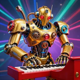 portrait photo of a giant huge golden and blue metal humanoid steampunk robot keyboarder with multicolored big gears and tubes, a red piano, eyes are glowing red lightbulbs, shiny crisp finish, 3 d render, 8 k, insaneley detailed, fluorescent colors, background is multicolored lasershow