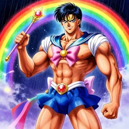 crossdressing magical man in anime style by akiyuki shinbo, body hair, muscular, full body, face, head, workout, male, body builder, colorful dress, holding wand, fantasy, smile, illustration, digital painting, best on artstation, best on cgsociety, awarding winning, realistic, epic, stunning, rainbows, sailor moon, hdr, highly detailed