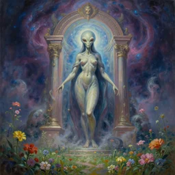 a beautiful painting of a large alien godess emerging from a magical shrine shrouded by mystic nebula magic in a field of flowers by moebius and android jones, oil on canvas sharp, details, hyper - detailed, hd, hdr, 4 k, 8 k