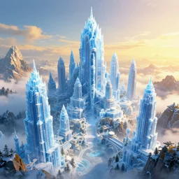 city of ice, majestic mountaintop skyscrapers, fantasy artwork, digital art, vibrant color palate, paradise, golden hour, unreal engine, volumetric lighting, trending on artstation