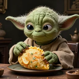 A still of Yoda eating arepas, 4k, photograph, ultra realistic, highly detailed, professional lighting