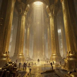 the depths of a vast artificial world with massive towering pillars holding the ceiling of the landscape up, detailed, brass coloration, energetic beings patrolling, extreme depth, wayne barlowe and escher collab, godrays, ambient machine automations of brutalist design visible in the foreground