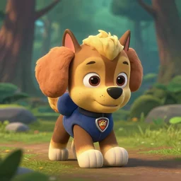 angry paw patrol dog, as nendoroid walking in a forest in the croods movie style, anime, disney, pixar, 8 k, hd, dof, kodak film, volumetric lighting, subsurface scattering, photorealistic, octane render, details, xgen fur