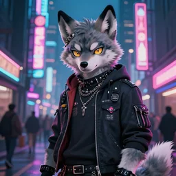 beautiful furry digital art portrait commission of an androgynous furry anthro wolf fursona wearing punk clothes in the streets of a cyberpunk city. neon signs. character design by skeleion, thanshuhai, zaush, imalou, rick griffin, tessgarman, artgerm, fa, furraffinity