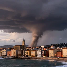 photo of biarritz at dusk with a huge tornado in front of the buildings