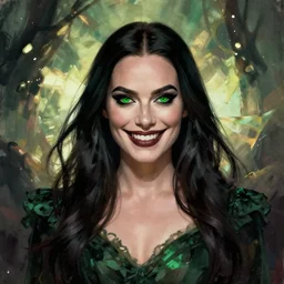 Beautiful female witch margot robbie, style of Joshua Middleton comic book art Nick Dragotta comic art, black and green eyes, symmetrical face, symmetrical eyes, scary smile, dark green dress, painterly style