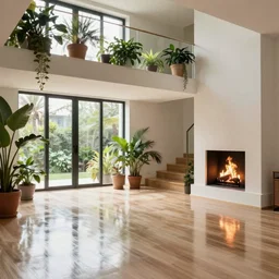 colour 3 5 mm, big open floor, architectural digest, wide shot, highly reflective light, indoor plants stairway, fire place