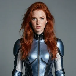 photo of a twenty year old woman in cyberprep fashion taken by annie leibovitz, red hair, freckles