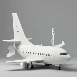 photo of minimalist abstract cubist sculpture of curvy spaceship with random small mecha mayan decorations, covered with few large white airplane parts with windows and doors, with swimsuit model posing with it