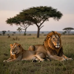 Two lions resting in the grass at dusk
