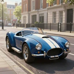 a wholesome animation key shot of!! one!! focused!! ac cobra!!, shiny deep blue with white stripe, in a london street, morning, medium wide shot, studio ghibli, pixar and disney animation, sharp, very detailed, high resolution, rendered in unreal engine 5, anime key art by greg rutkowski, bloom, dramatic lighting