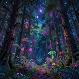 a beautiful psychedelic forest at night, stars shining in the sky, lucid dream, ethereal, intricate details, vibrant colors, trending on artstationhq