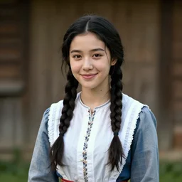 a melancholicly (((smiling)) black haired, young hungarian village maid from the 19th century who ((looks very similar to Lee Young Ae)) with a two french braids, detailed, portrait by Ferenczy Károly