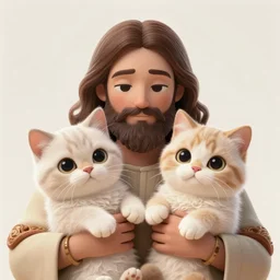 jesus holding two cute furry cats, big eyes, symetrical faces, emotional, cute, powerful, digital art by leonardo da vinci