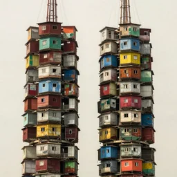 close - up view of symmetrical suspended towers made up of colourful makeshift squatter shacks, faded colours, uniform off - white sky, dystopia, hasselblad x 1 d, very detailed, photographed by cristina de middel