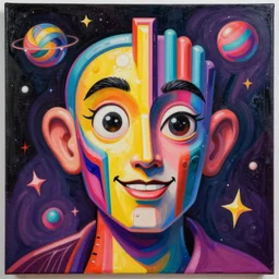 an extremely high quality hd surrealism painting of a 3d galactic neon complimentary-colored cartoon surrealism melting optically illusiony high-contrast zaha hadid futuristic xylophone face by kandsky and salvia dali the second, salvador dali's much much much much more talented painter cousin, clear shapes, 8k, realistic shading, ultra realistic, super realistic