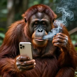Orangutan second-hand smoking, iPhone selfie